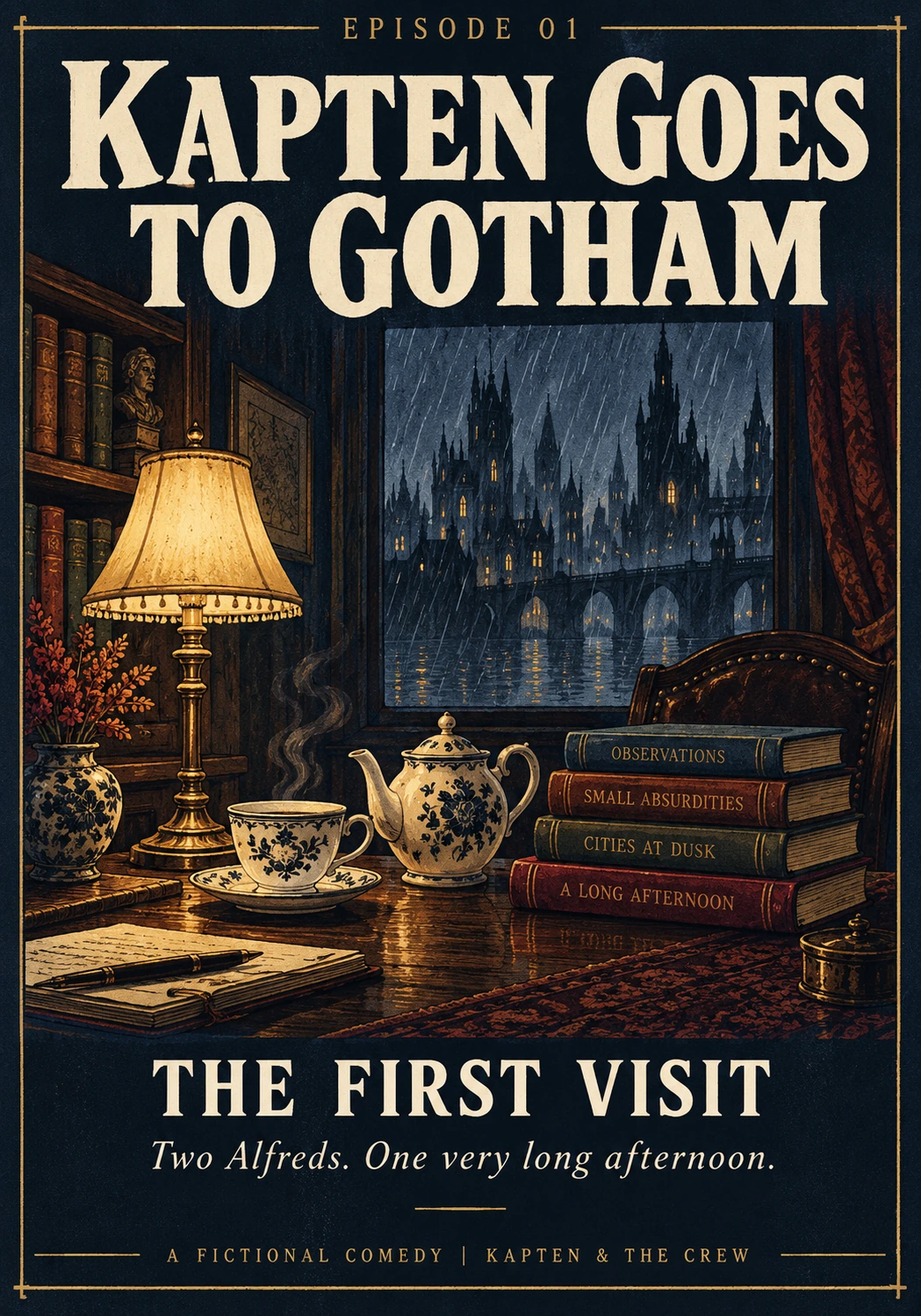 Illustrated cover of Kapten Goes to Gotham: The First Visit, with tea and four books beneath a library lamp
