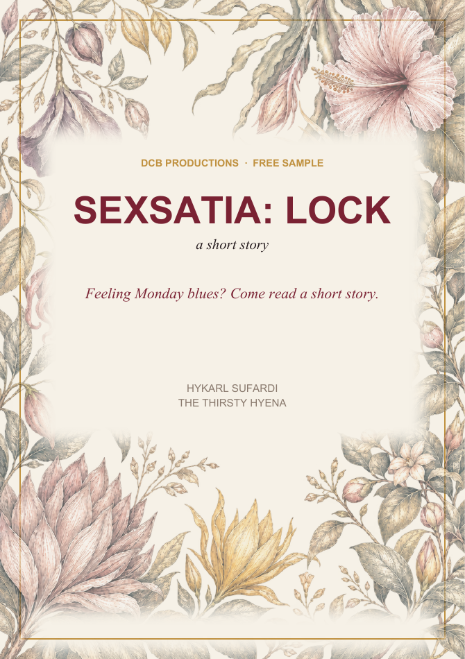 Sexsatia: Lock, The Thirsty Hyena sample, framed by hibiscus and botanical illustrations.
